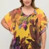 Ulla Popken Dubbellaags Bloemenprint Ronde Hals Korte Mouwen- Blouse - Zonnebloem