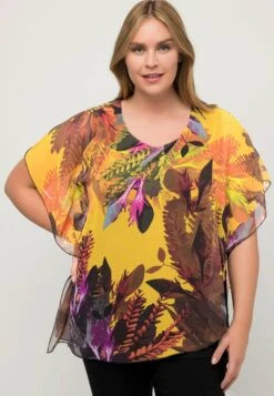 Ulla Popken Dubbellaags Bloemenprint Ronde Hals Korte Mouwen- Blouse - Zonnebloem