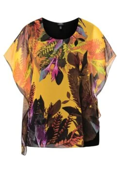 Ulla Popken Dubbellaags Bloemenprint Ronde Hals Korte Mouwen- Blouse - Zonnebloem -Ulla Popken Winkel 196dd0784386437e8bd7eb47a402c0d2