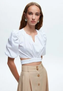 Elastic Waist Crop - Blouse - White