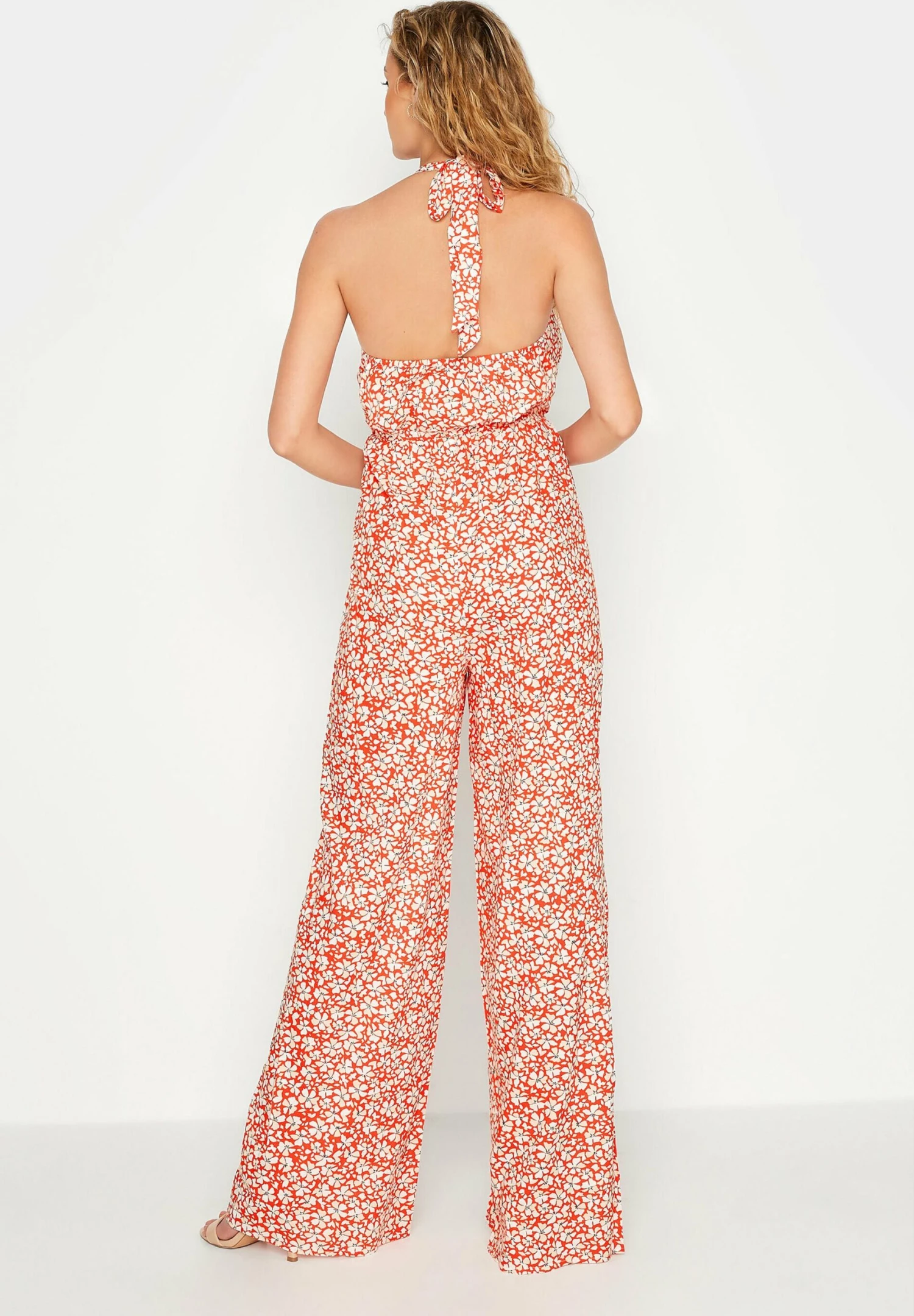 Printed Halter Neck- Jumpsuit - Orange 3 Printed Halter Neck- Jumpsuit - Orange - Afbeelding 3