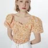 Twist Slim Cut Patterned Balloon Sleeve - Blouse - Orange